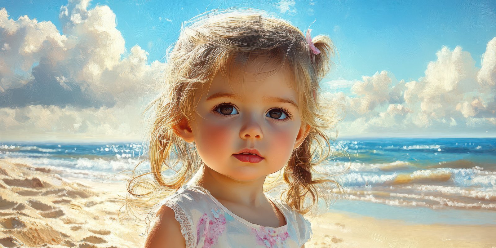 Young child enjoys a sunny day at the beach with beautiful clouds and gentle waves in the background